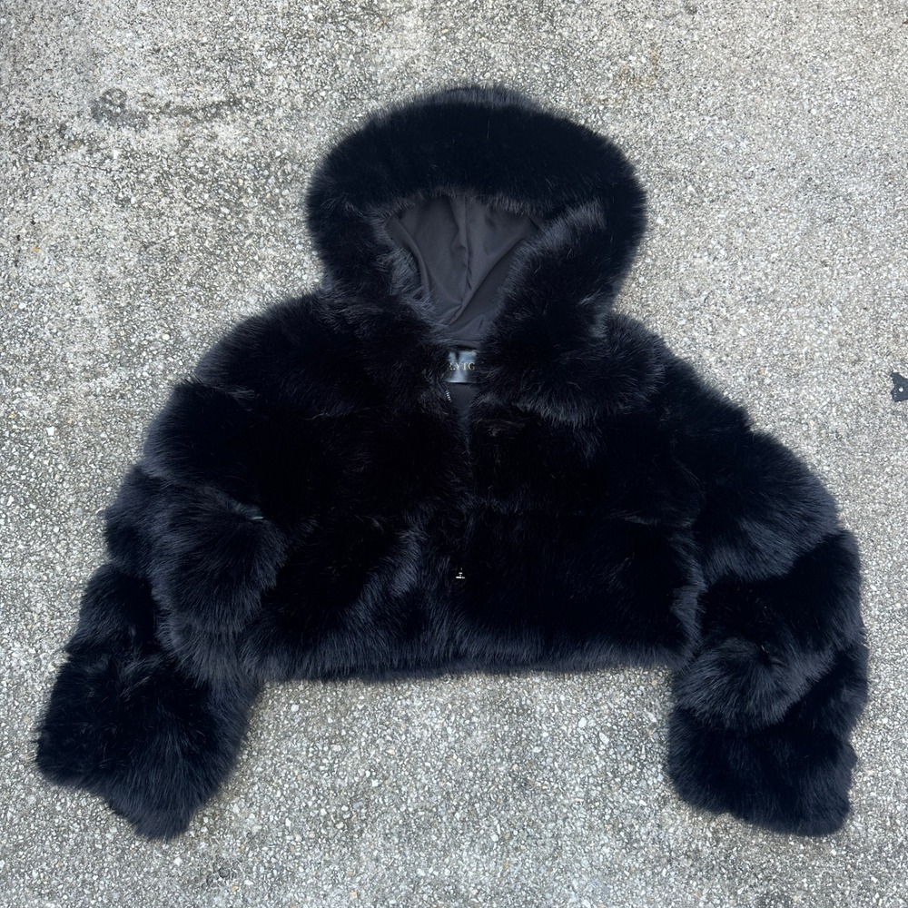 MR. YTG Women Black Faux Fur Cropped Hooded Jacket Bubble Sleeve Size M